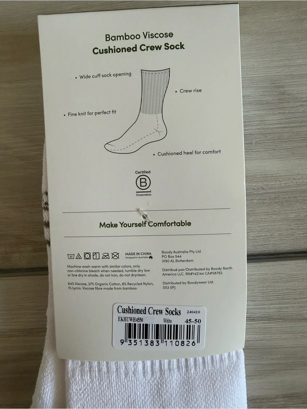 BOODY Bamboo Viscose Cushioned Crew Socks Pack of 5 White Large NWT